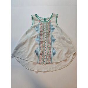 Lush Embroidered Sleeveless Blouse Women Small White Teal Boho High Low Summer